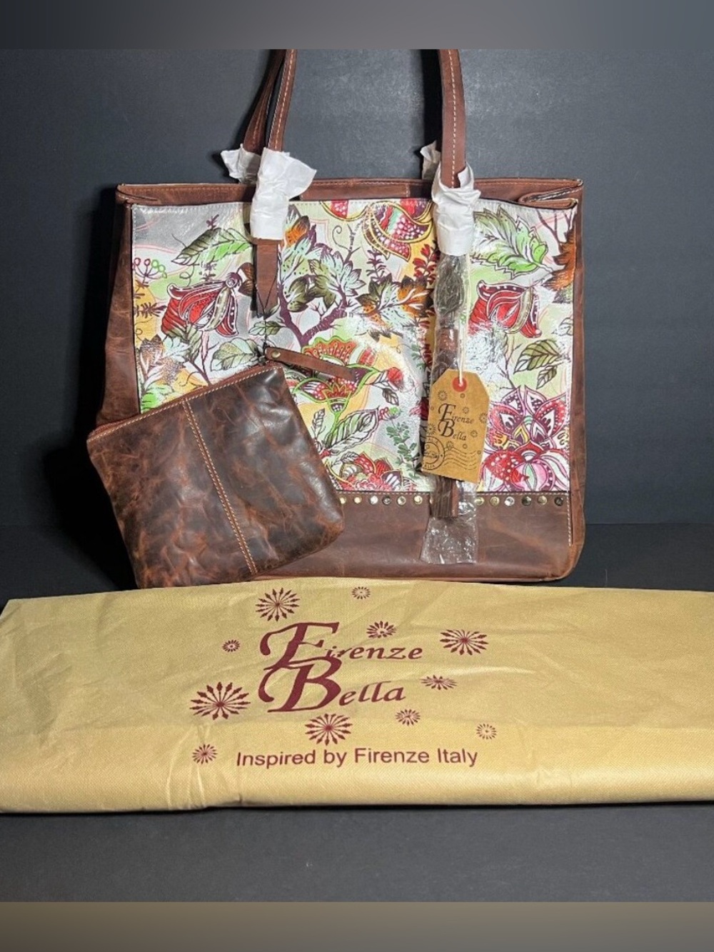 Firenze Bella Venetia Large Floral Print Leather Shoulder Bag w Pouch & Dust Bag
